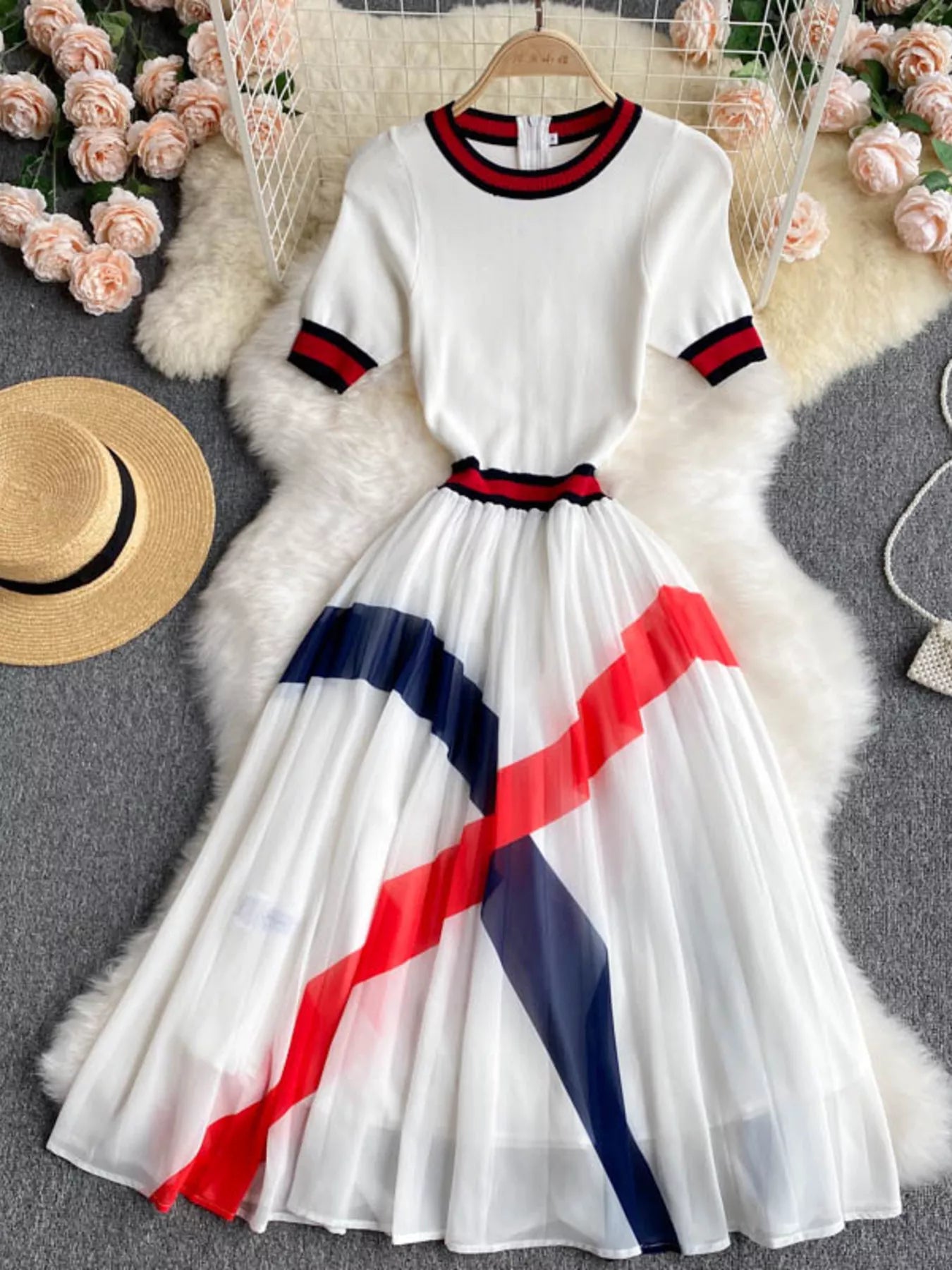 color block pleated midi dress Reiss Tori
